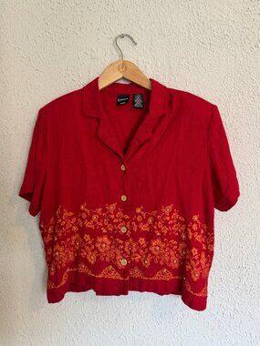 Red Linen Button Up Blouse with Beading